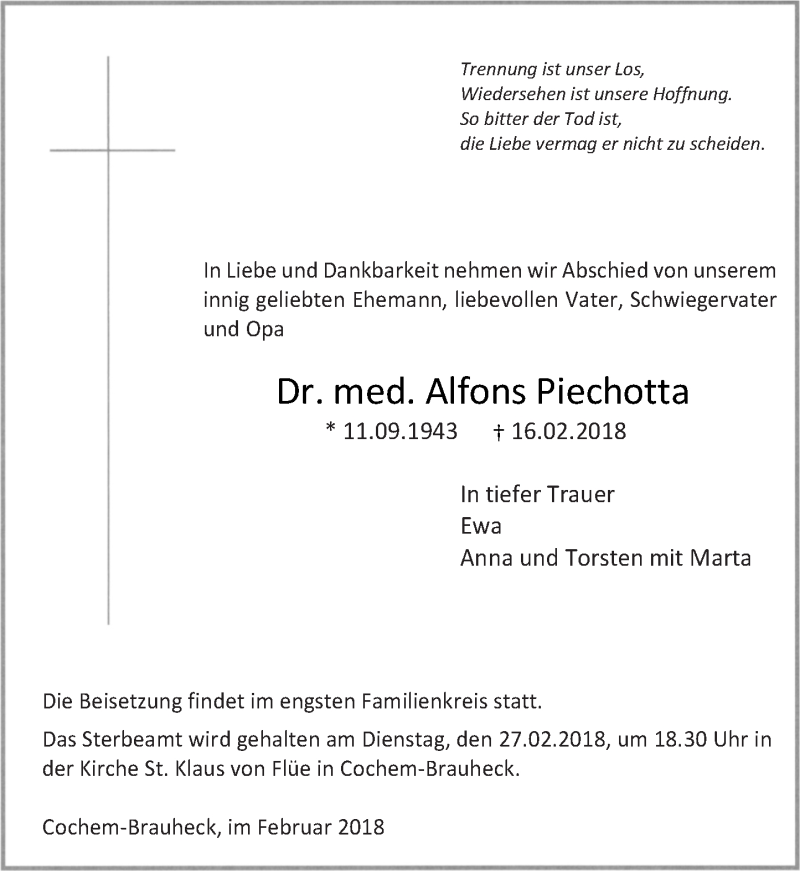  Traueranzeige für Alfons Piechotta vom 23.02.2018 aus Rhein-Zeitung