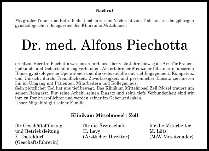  Traueranzeige für Alfons Piechotta vom 23.02.2018 aus Rhein-Zeitung