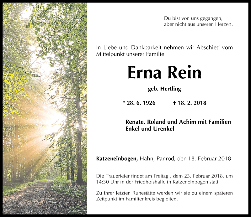  Traueranzeige für Erna Rein vom 21.02.2018 aus Rhein-Lahn-Zeitung