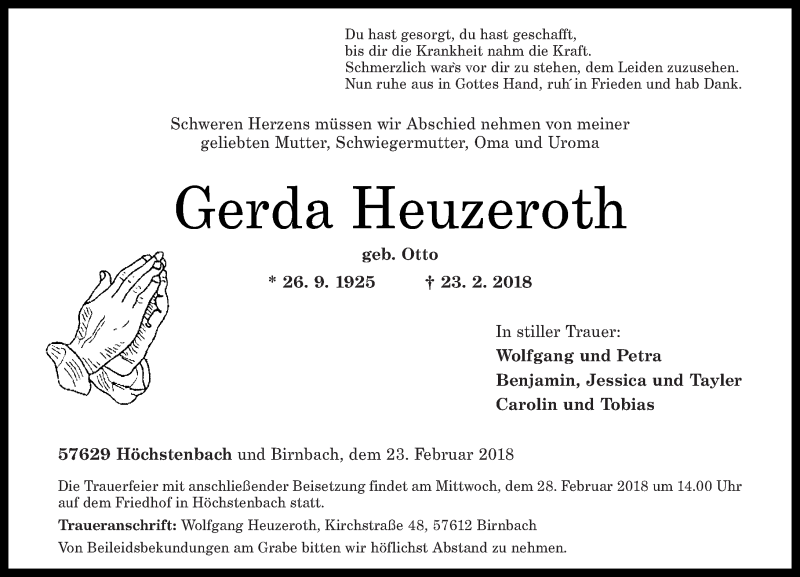  Traueranzeige für Gerda Heuzeroth vom 27.02.2018 aus Westerwälder Zeitung