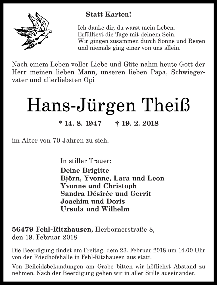  Traueranzeige für Hans-Jürgen Theiß vom 21.02.2018 aus Westerwälder Zeitung