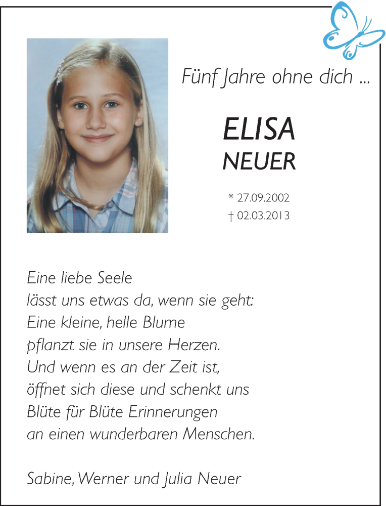  Traueranzeige für Elisa Neuer vom 03.03.2018 aus Rhein-Zeitung