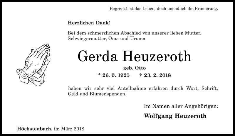  Traueranzeige für Gerda Heuzeroth vom 10.03.2018 aus Westerwälder Zeitung