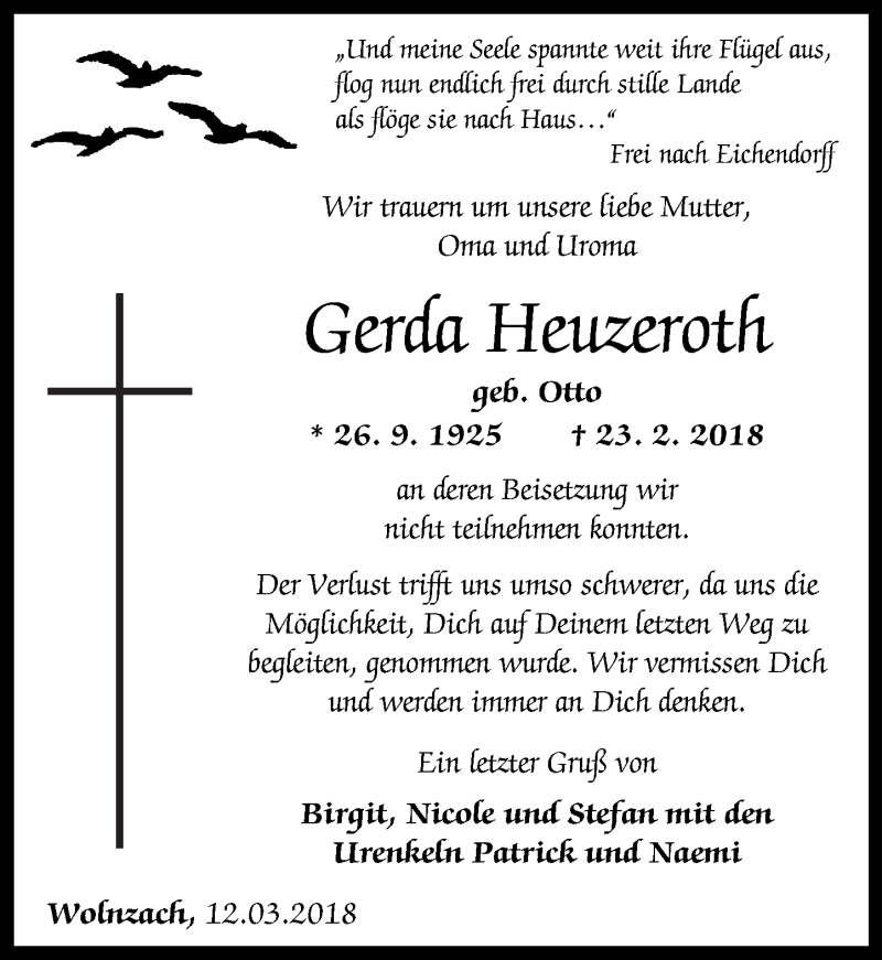  Traueranzeige für Gerda Heuzeroth vom 13.03.2018 aus Westerwälder Zeitung