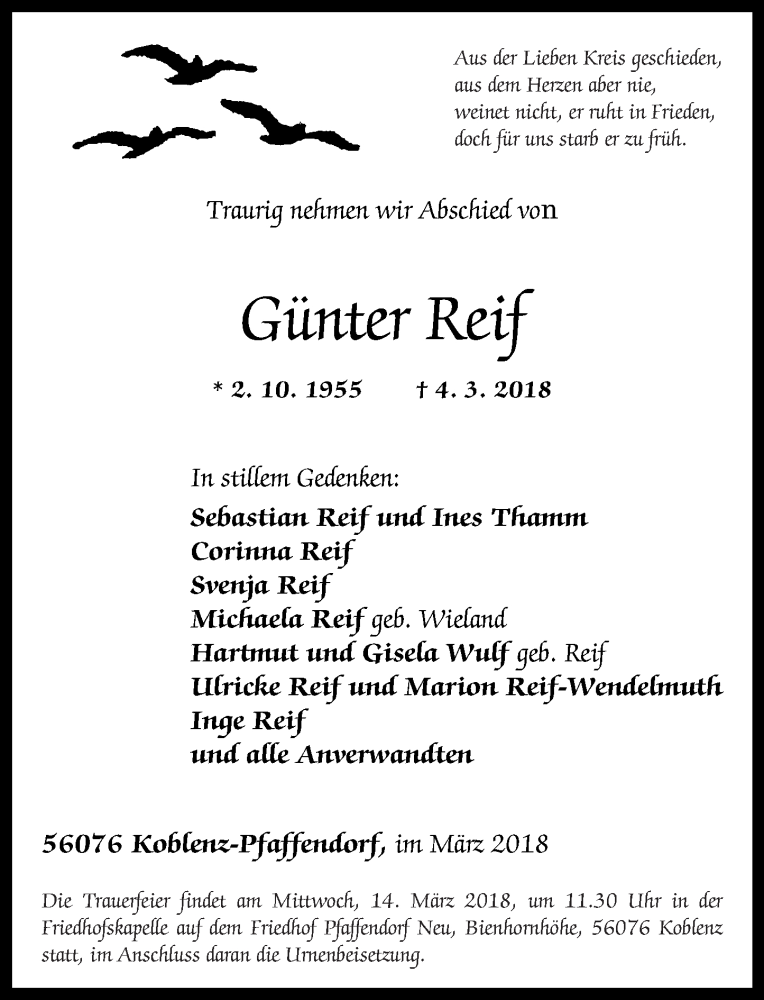  Traueranzeige für Günter Reif vom 10.03.2018 aus Rhein-Zeitung