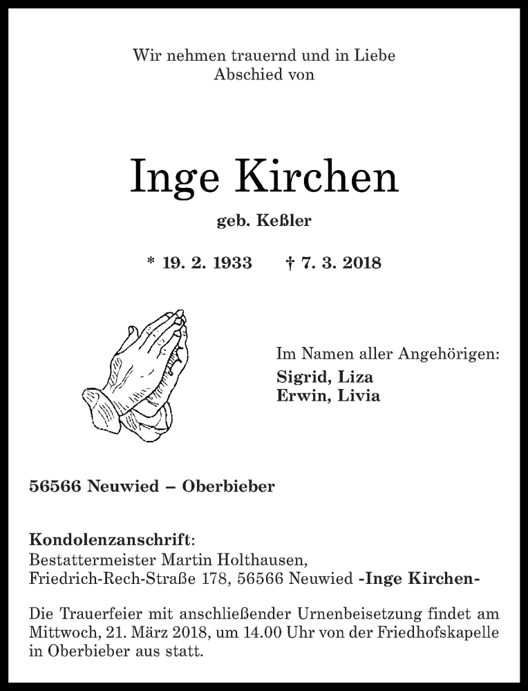 Traueranzeige für Inge Kirchen vom 17.03.2018 aus Rhein-Zeitung