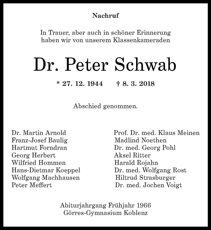  Traueranzeige für Peter Schwab vom 24.03.2018 aus Rhein-Zeitung