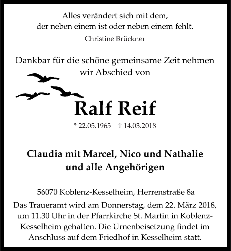  Traueranzeige für Ralf Reif vom 17.03.2018 aus Rhein-Zeitung
