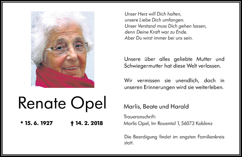  Traueranzeige für Renate Opel vom 03.03.2018 aus Rhein-Zeitung