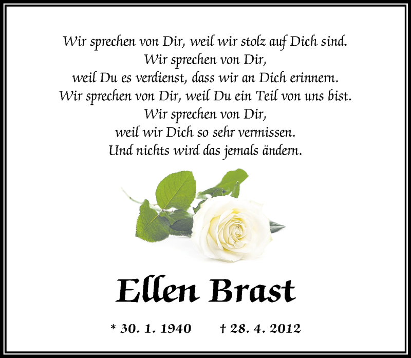  Traueranzeige für Ellen Brast vom 28.04.2018 aus Westerwälder Zeitung