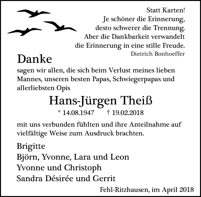  Traueranzeige für Hans-Jürgen Theiß vom 26.04.2018 aus Westerwälder Zeitung