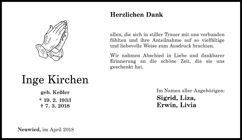  Traueranzeige für Inge Kirchen vom 28.04.2018 aus Rhein-Zeitung