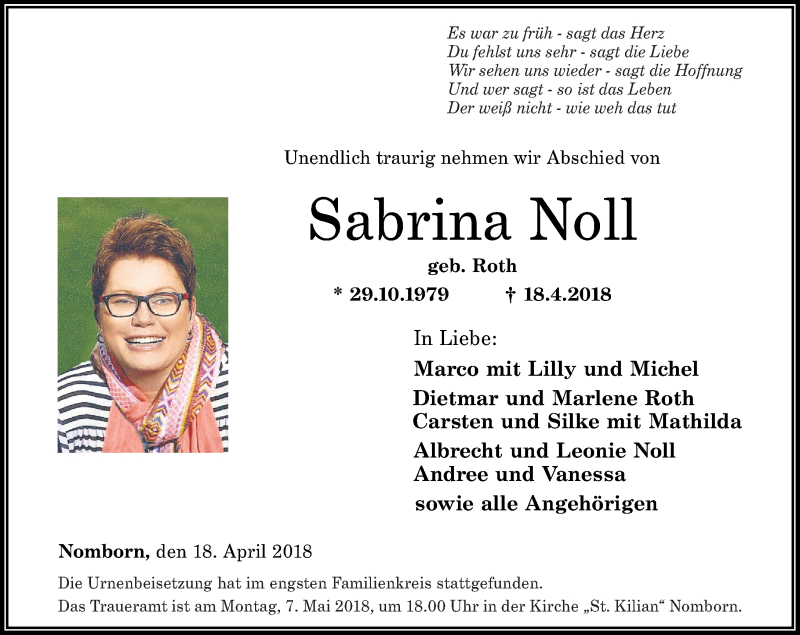  Traueranzeige für Sabrina Noll vom 27.04.2018 aus Westerwälder Zeitung