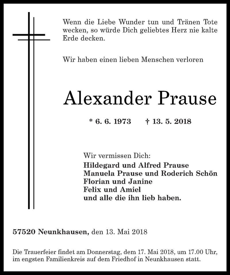  Traueranzeige für Alexander Prause vom 17.05.2018 aus Westerwälder Zeitung