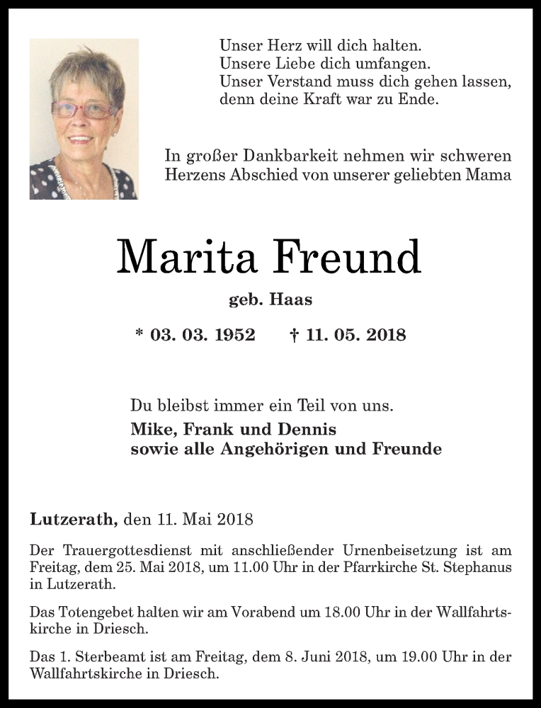  Traueranzeige für Marita Freund vom 19.05.2018 aus Rhein-Zeitung