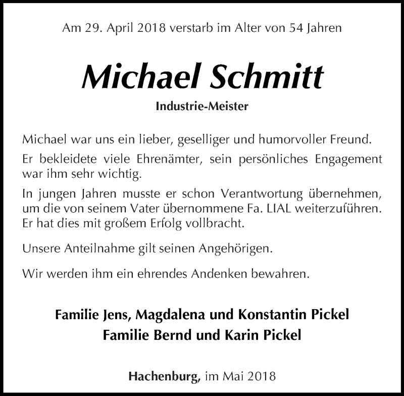  Traueranzeige für Michael Schmitt vom 14.05.2018 aus Westerwälder Zeitung