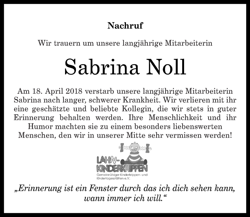  Traueranzeige für Sabrina Noll vom 04.05.2018 aus Westerwälder Zeitung