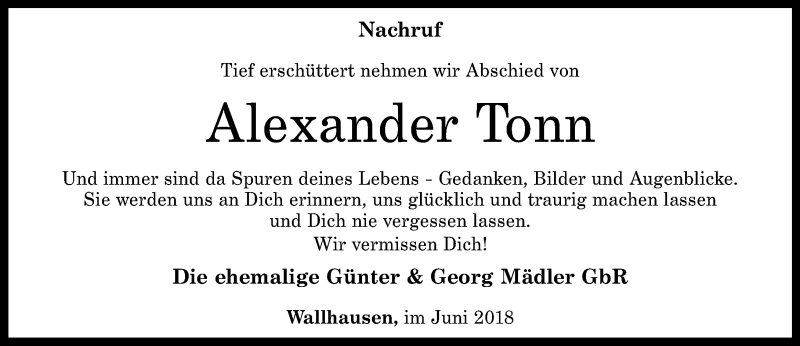  Traueranzeige für Alexander Tonn vom 16.06.2018 aus Oeffentlicher Anzeiger