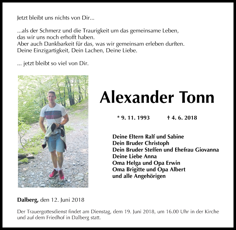  Traueranzeige für Alexander Tonn vom 12.06.2018 aus Oeffentlicher Anzeiger