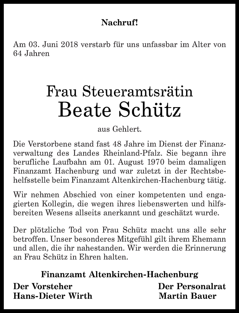  Traueranzeige für Beate Schütz vom 13.06.2018 aus Westerwälder Zeitung