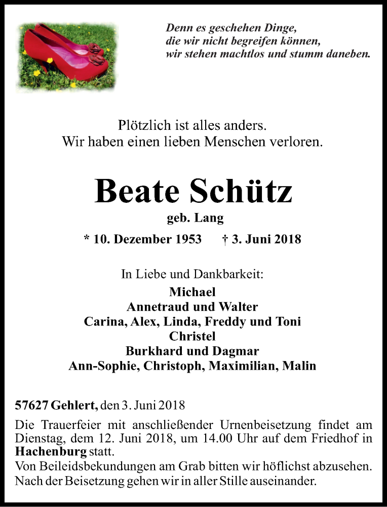  Traueranzeige für Beate Schütz vom 08.06.2018 aus Westerwälder Zeitung