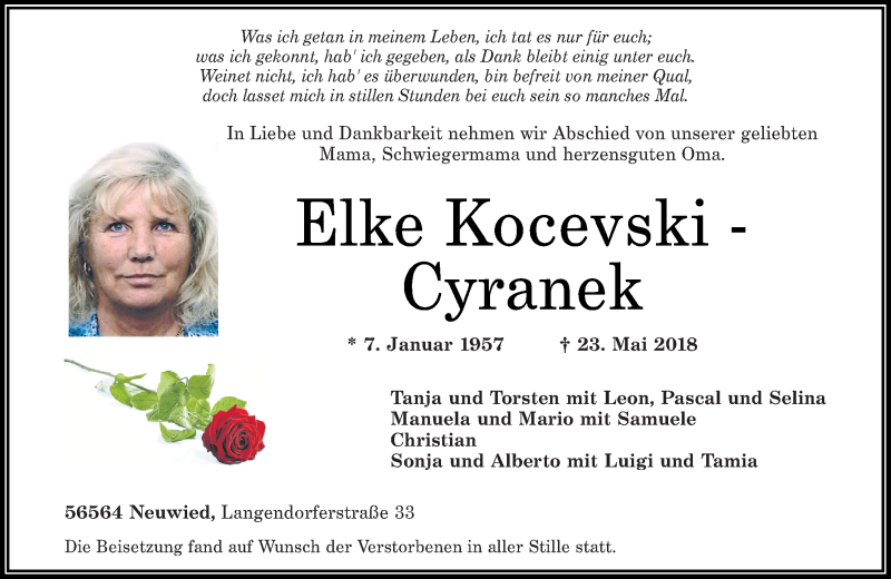  Traueranzeige für Elke Kocevski-Cyranek vom 02.06.2018 aus Rhein-Zeitung