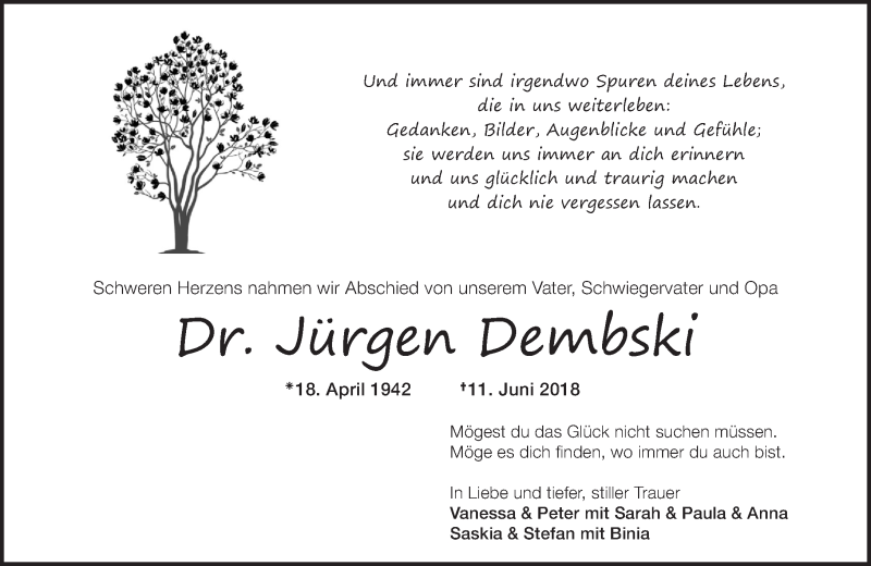  Traueranzeige für Jürgen Dembski vom 30.06.2018 aus Rhein-Zeitung
