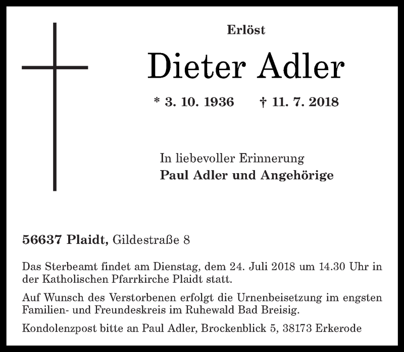  Traueranzeige für Dieter Adler vom 18.07.2018 aus Rhein-Zeitung