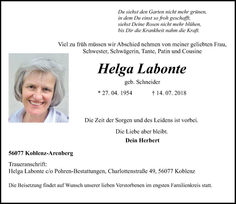  Traueranzeige für Helga Labonte vom 18.07.2018 aus Rhein-Zeitung