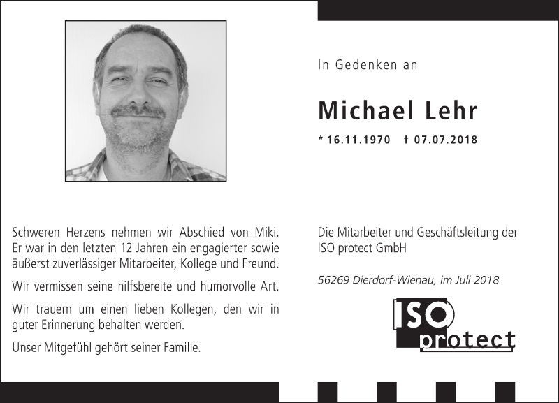  Traueranzeige für Michael Lehr vom 11.07.2018 aus Rhein-Zeitung