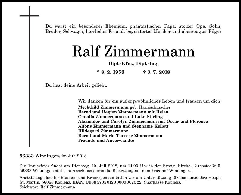  Traueranzeige für Ralf Zimmermann vom 07.07.2018 aus Rhein-Zeitung