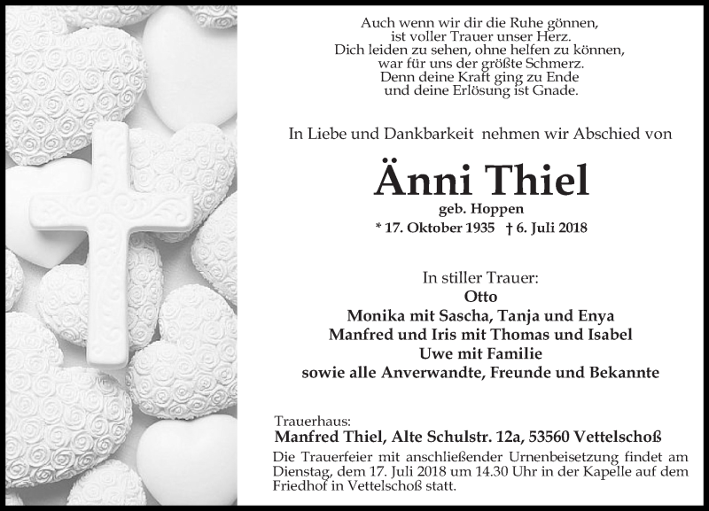  Traueranzeige für Änni Thiel vom 12.07.2018 aus Rhein-Zeitung