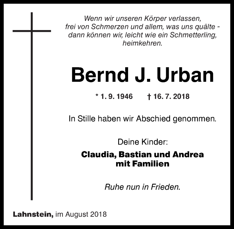  Traueranzeige für Bernd J. Urban vom 11.08.2018 aus Rhein-Lahn-Zeitung