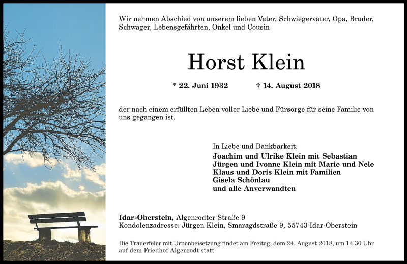 Traueranzeige für Horst Klein vom 17.08.2018 aus Nahe-Zeitung