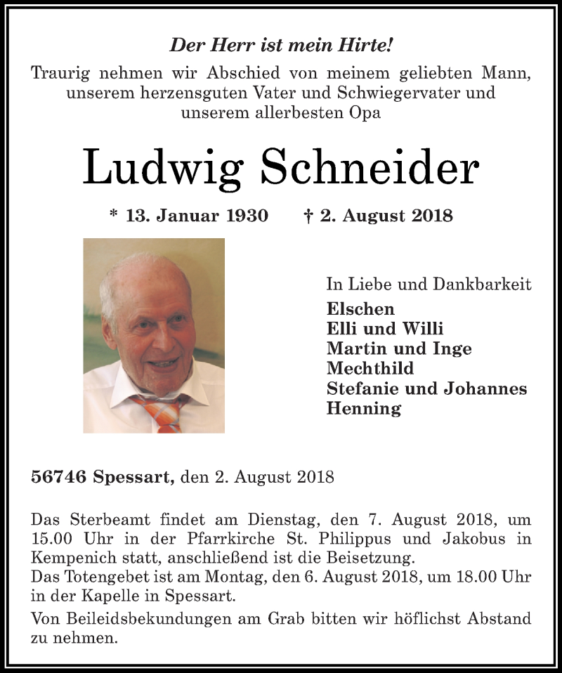  Traueranzeige für Ludwig Schneider vom 04.08.2018 aus Rhein-Zeitung