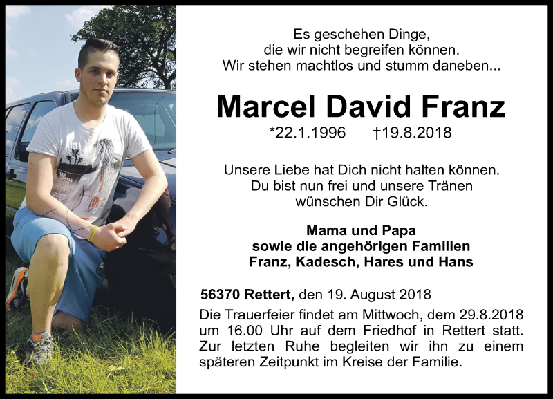  Traueranzeige für Marcel David Franz vom 27.08.2018 aus Rhein-Lahn-Zeitung