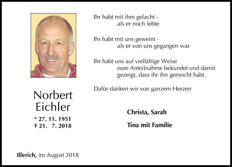  Traueranzeige für Norbert Eichler vom 25.08.2018 aus Rhein-Zeitung