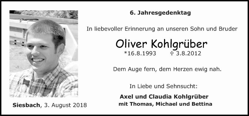  Traueranzeige für Oliver Kohlgrüber vom 03.08.2018 aus Nahe-Zeitung
