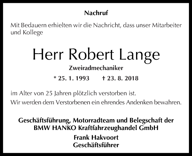  Traueranzeige für Robert Lange vom 01.09.2018 aus Rhein-Zeitung