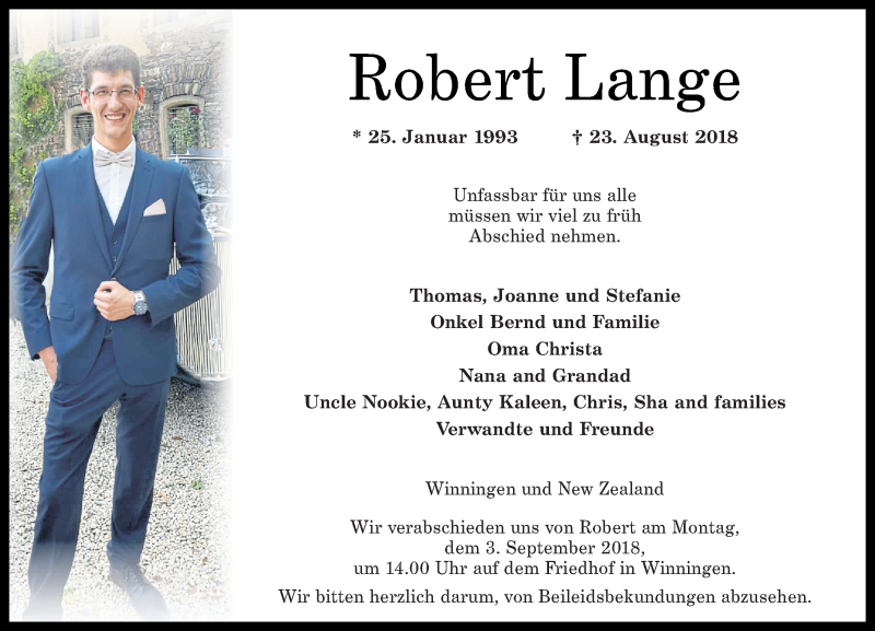  Traueranzeige für Robert Lange vom 29.08.2018 aus Rhein-Zeitung