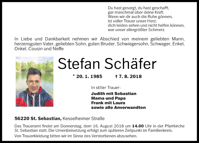  Traueranzeige für Stefan Schäfer vom 11.08.2018 aus Rhein-Zeitung