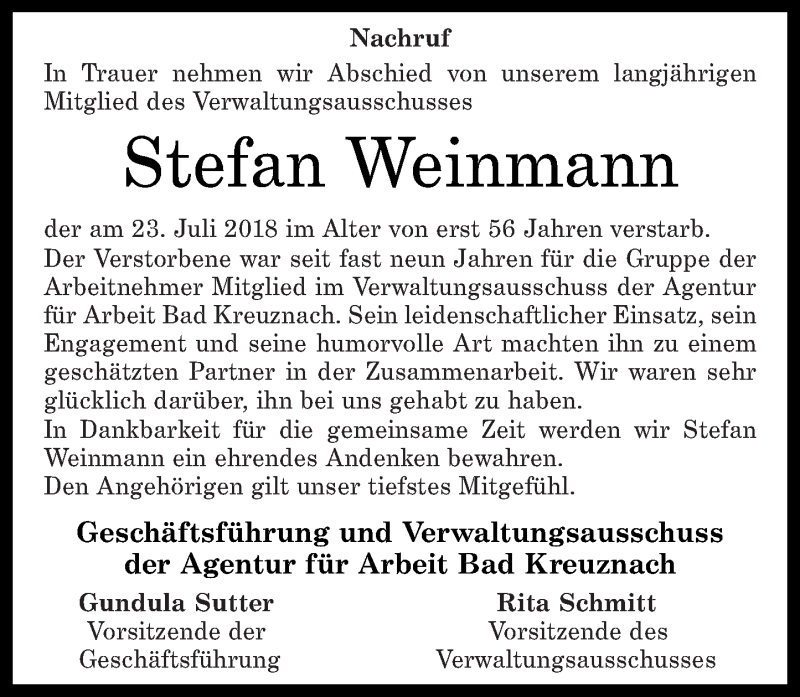  Traueranzeige für Stefan Weinmann vom 02.08.2018 aus Oeffentlicher Anzeiger