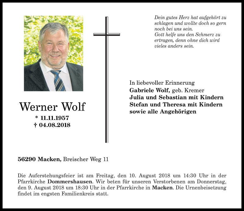  Traueranzeige für Werner Wolf vom 08.08.2018 aus Rhein-Zeitung