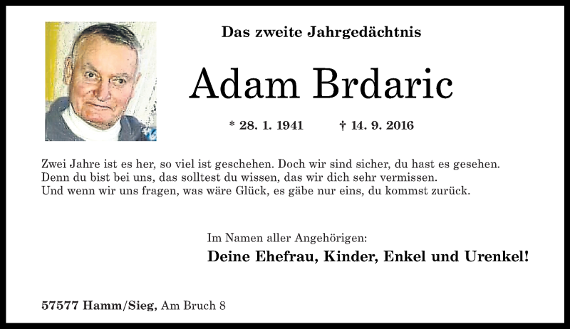  Traueranzeige für Adam Brdaric vom 14.09.2018 aus Rhein-Zeitung