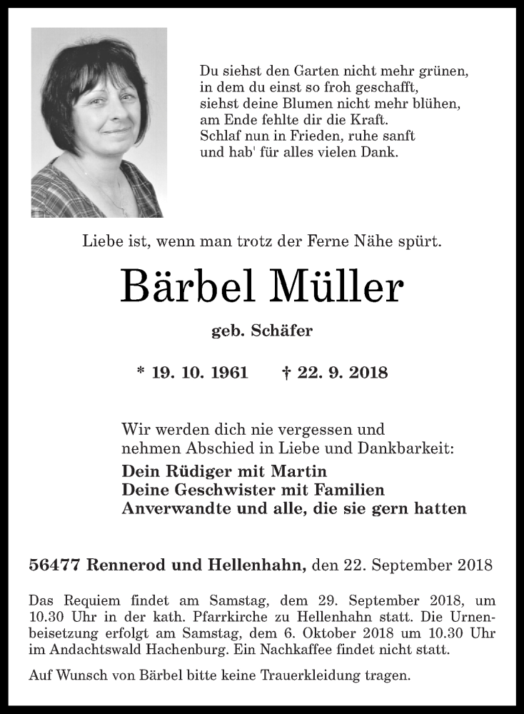  Traueranzeige für Bärbel Müller vom 26.09.2018 aus Westerwälder Zeitung