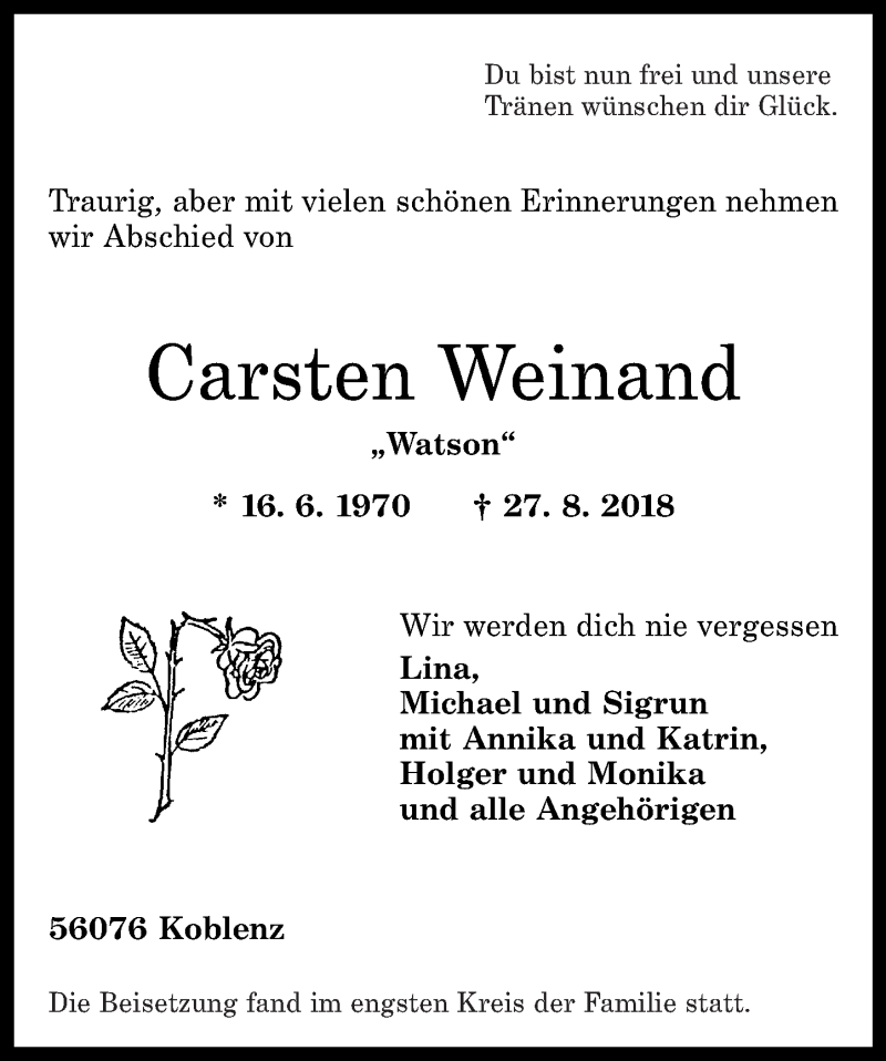  Traueranzeige für Carsten Weinand vom 15.09.2018 aus Rhein-Zeitung