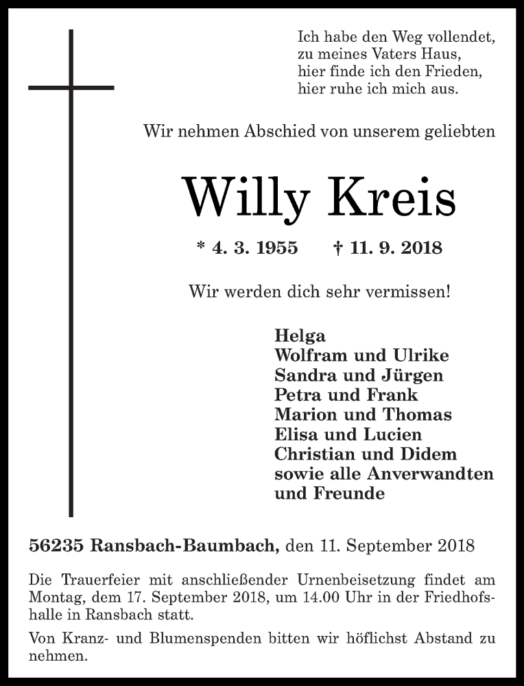 Traueranzeige für Willy Kreis vom 14.09.2018 aus Westerwälder Zeitung
