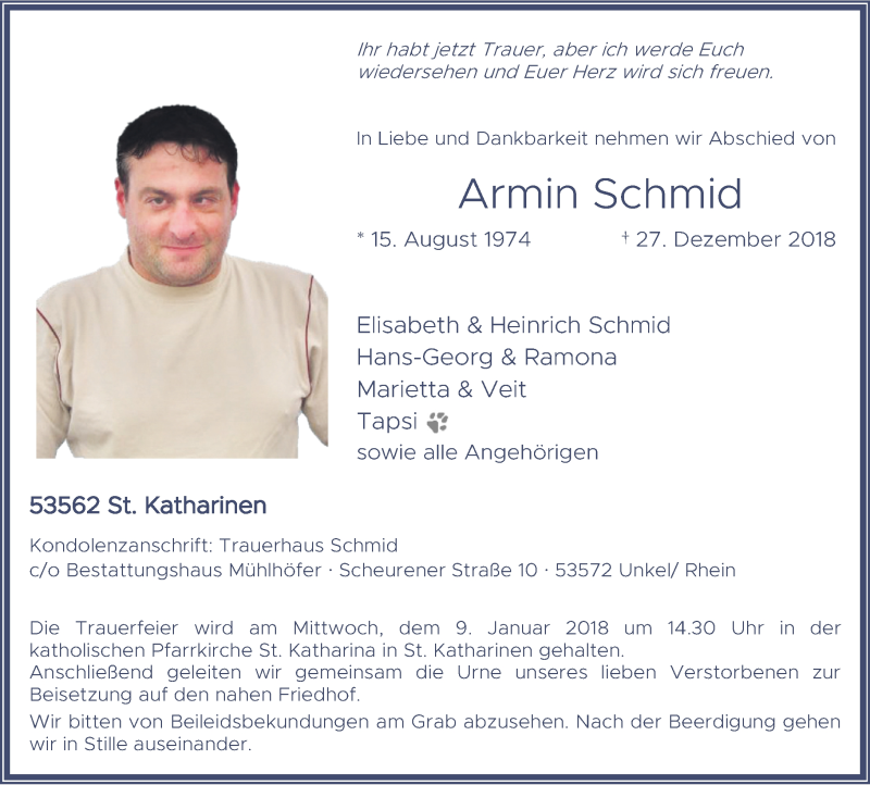  Traueranzeige für Armin Schmid vom 05.01.2019 aus Rhein-Zeitung