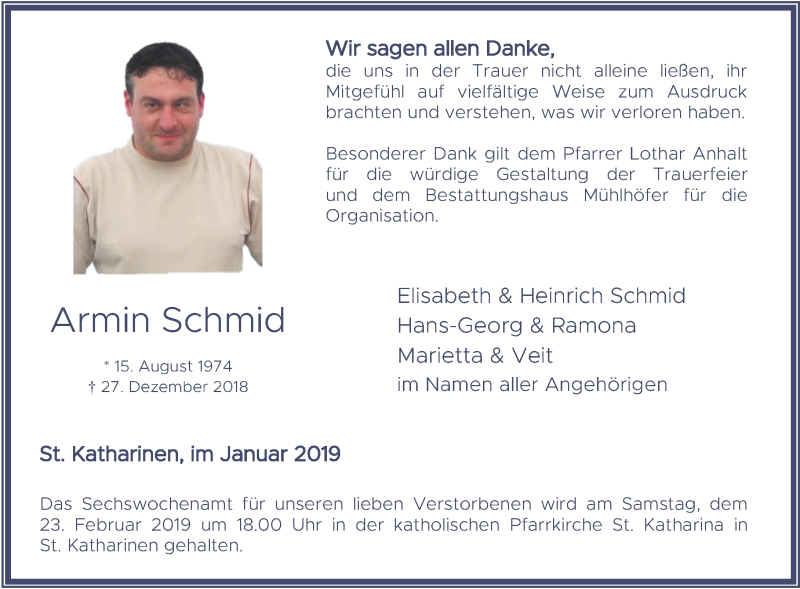  Traueranzeige für Armin Schmid vom 19.01.2019 aus Rhein-Zeitung