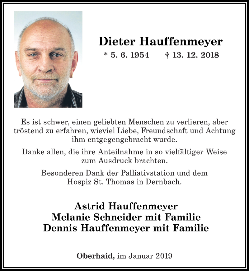  Traueranzeige für Dieter Hauffenmeyer vom 12.01.2019 aus Westerwälder Zeitung